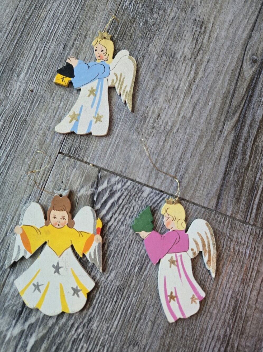 Handpainted Wooden Angel Ornaments - Set of 3 - Pastel Colors